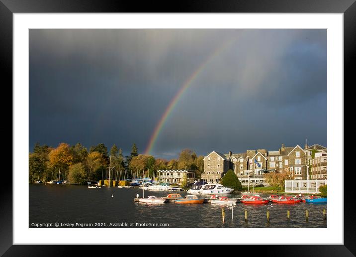 Rainbow on Lake Windermere Framed Mounted Print by Lesley Pegrum
