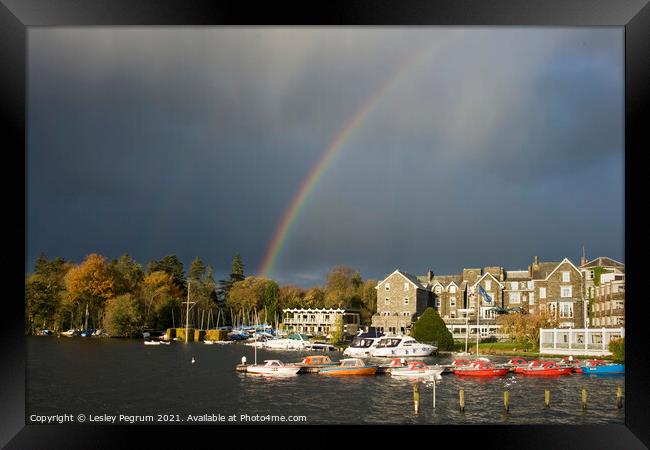Rainbow on Lake Windermere Framed Print by Lesley Pegrum