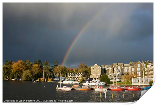 Rainbow on Lake Windermere Print by Lesley Pegrum