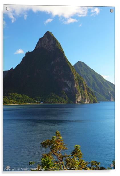 The Pitons and Soufriere Bay, St Lucia, Caribbean Acrylic by Geraint Tellem ARPS