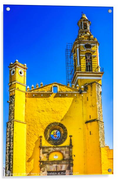 Colorful Yellow San Gabriel Church Cholula Mexico Acrylic by William Perry
