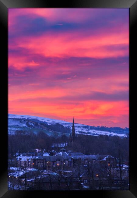 Red sky over New Mills St George's Church Framed Print by John Finney