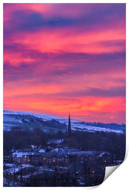 Red sky over New Mills St George's Church Print by John Finney
