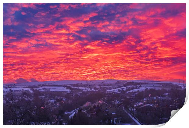 Winter dawn sky over New Mills, Derbyshire Print by John Finney