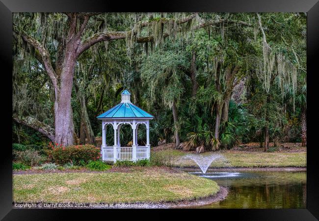 Oak Tree Gazebo and Fountain Framed Print by Darryl Brooks