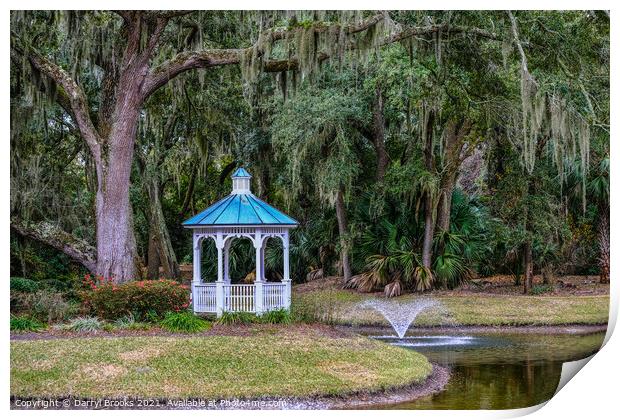 Oak Tree Gazebo and Fountain Print by Darryl Brooks