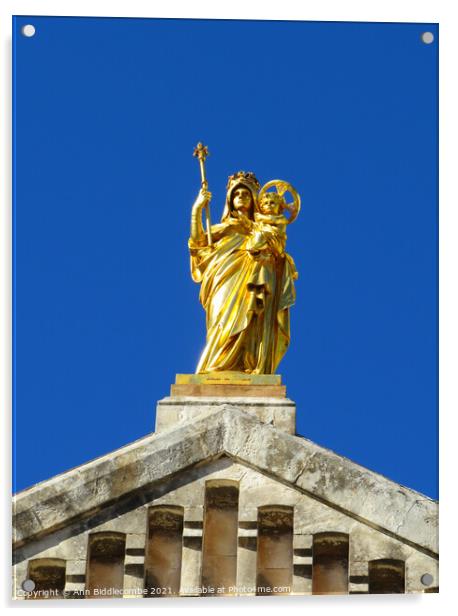 Golden statue at the Church Notre Dame de la Victo Acrylic by Ann Biddlecombe