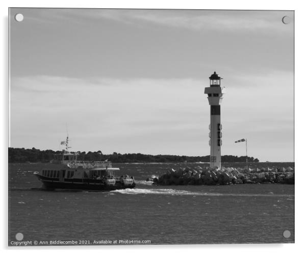 Ferry and lighthouse in monochrome Acrylic by Ann Biddlecombe