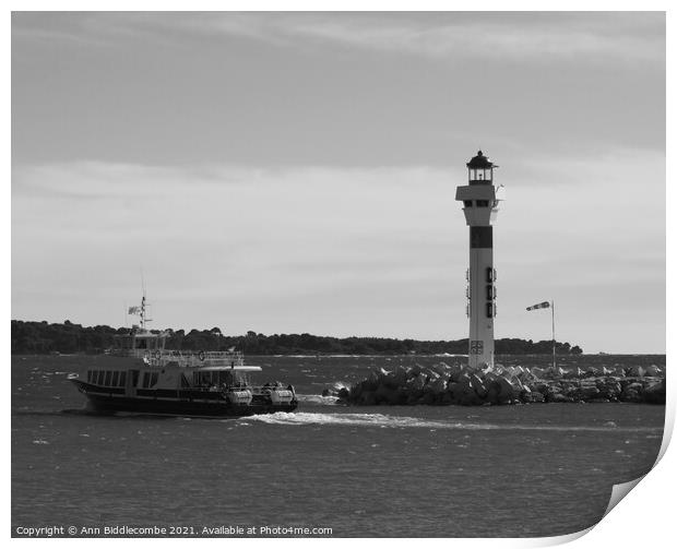 Ferry and lighthouse in monochrome Print by Ann Biddlecombe