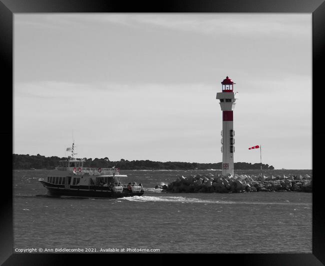 Ferry and lighthouse in cannes in monochrome and red Framed Print by Ann Biddlecombe