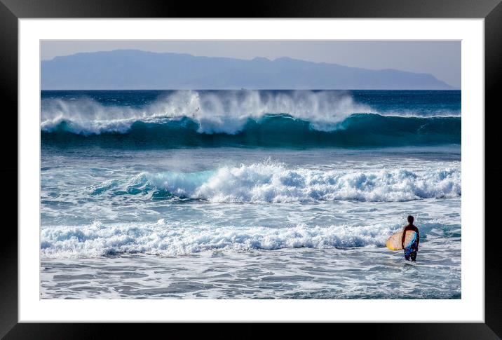 surfer looking at large waves Framed Mounted Print by tim miller