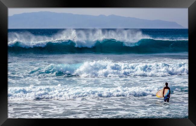 surfer looking at large waves Framed Print by tim miller