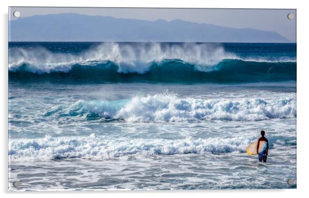 surfer looking at large waves Acrylic by tim miller