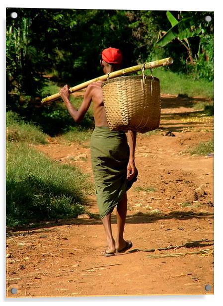 Man in Lungi Walking with Basket, Myanmar (Burma) Acrylic by Serena Bowles