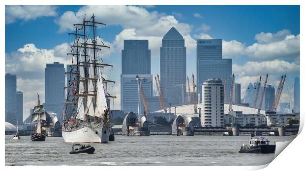  sailing  ship Dar Mlodziezy and canary wharf  Print by tim miller