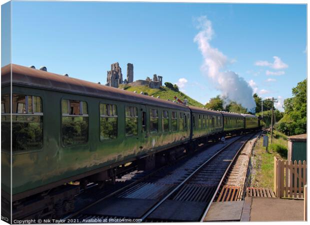 Steam train at Corfe Castle Canvas Print by Nik Taylor