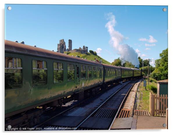 Steam train at Corfe Castle Acrylic by Nik Taylor