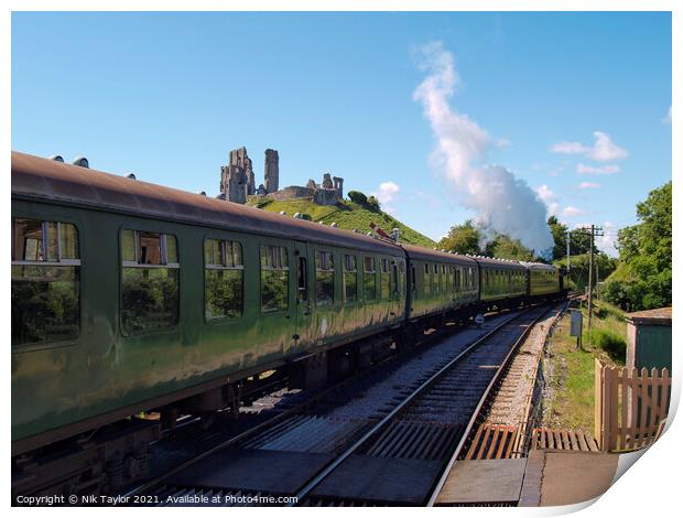 Steam train at Corfe Castle Print by Nik Taylor