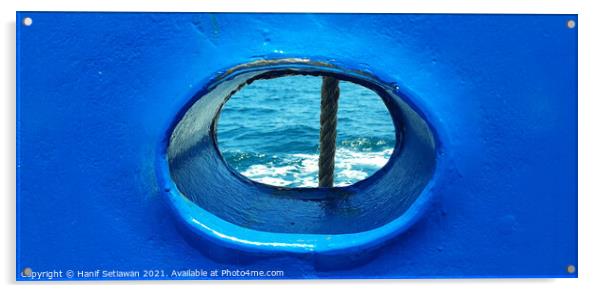 Bull´s eye in a blue iron wall from a ship. 1b Acrylic by Hanif Setiawan