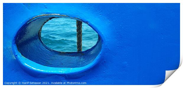 Bull´s eye in a blue iron wall from a ship. 2b Print by Hanif Setiawan