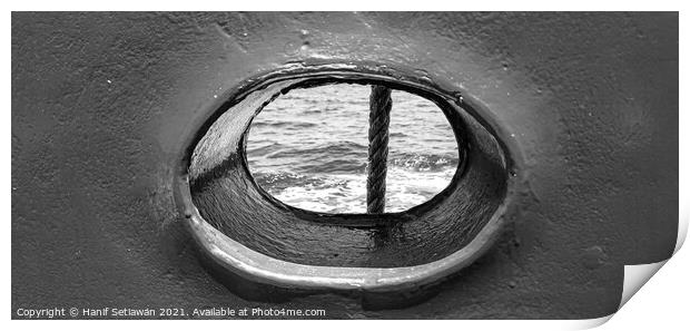 Bull´s eye in a blue iron wall from a ship. 1bw Print by Hanif Setiawan