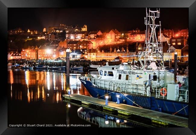 Whitby Harbour Fisheries Patrol Boat at night Framed Print by Travel and Pixels 