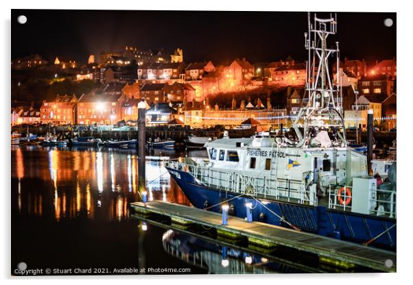 Whitby Harbour Fisheries Patrol Boat at night Acrylic by Stuart Chard