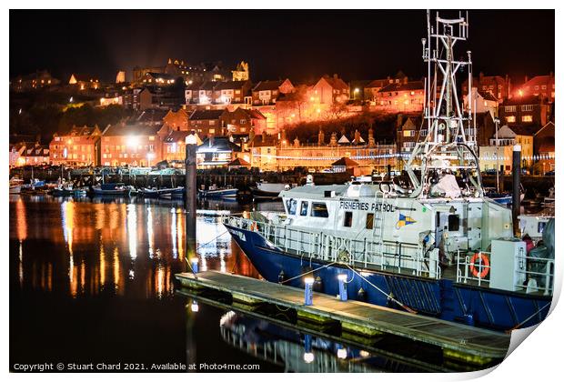 Whitby Harbour Fisheries Patrol Boat at night Print by Travel and Pixels 