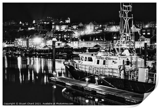 Black and white photograph of Whitby harbour at ni Print by Stuart Chard