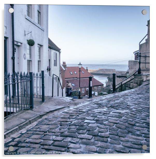 Whitby town cobbled streets and sea view Acrylic by Travel and Pixels 