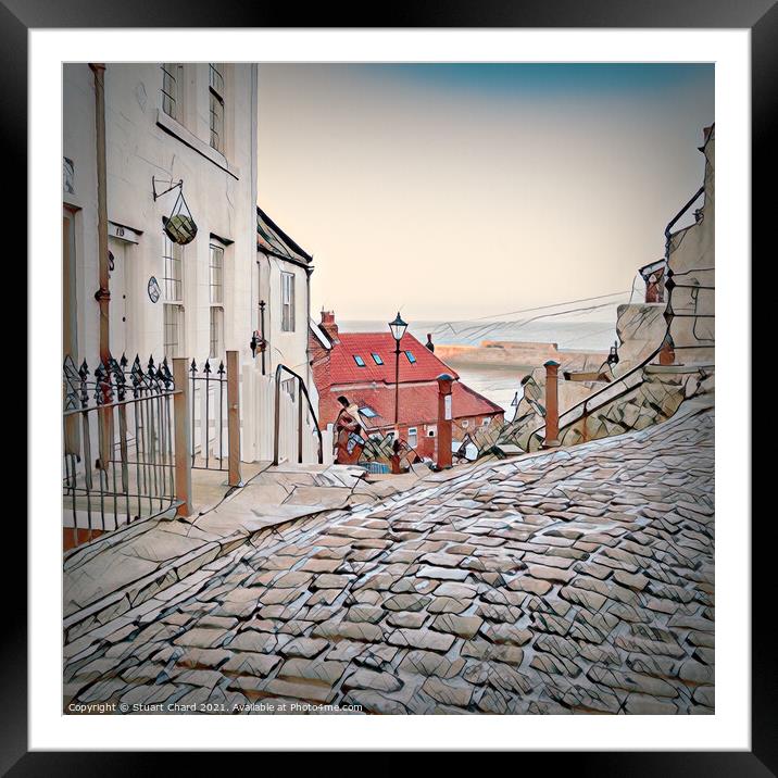 Whitby town cobbled streets and seaview Framed Mounted Print by Travel and Pixels 