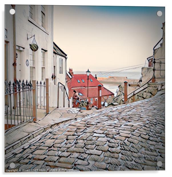 Whitby town cobbled streets and seaview Acrylic by Stuart Chard
