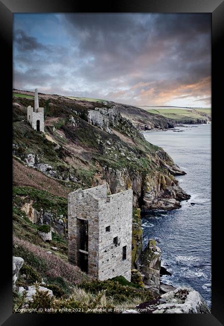 Porthleven, cliff with old tin mines, Cornwall Framed Print by kathy white