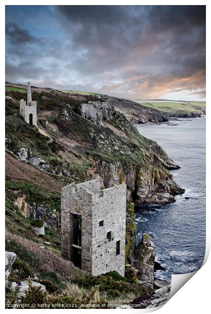 Porthleven, cliff with old tin mines, Cornwall Print by kathy white