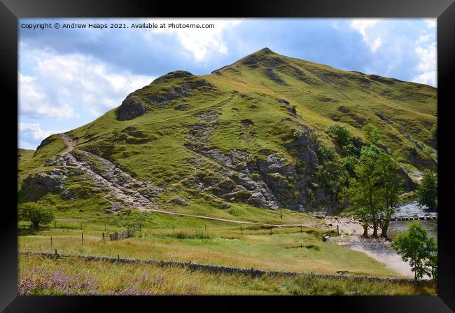 Dovedale hills and paths and stepping stones summe Framed Print by Andrew Heaps