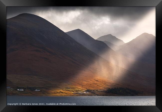 Isle of Skye   Red Cuillin Sunbeam  Framed Print by Barbara Jones