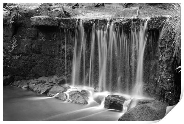 Knypersley pool waterfall frosty water Print by Andrew Heaps