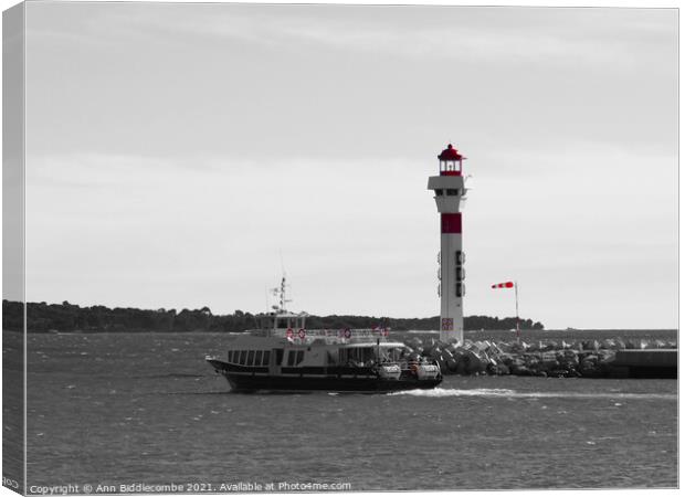 Cannes ferry to the islands in monochrome with red Canvas Print by Ann Biddlecombe