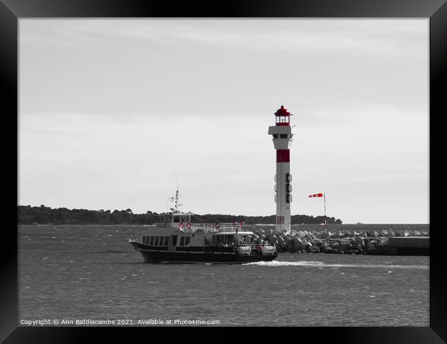 Cannes ferry to the islands in monochrome with red Framed Print by Ann Biddlecombe