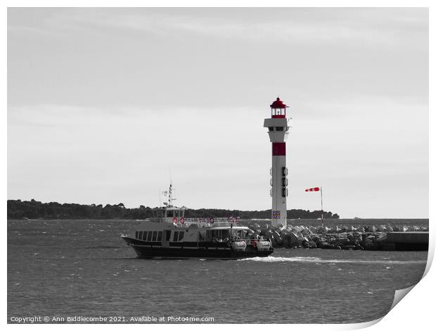 Cannes ferry to the islands in monochrome with red Print by Ann Biddlecombe