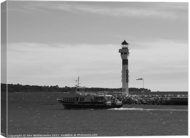 Cannes ferry to the islands in monochrome Canvas Print by Ann Biddlecombe