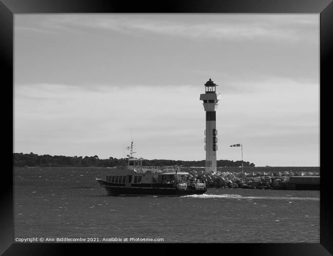 Cannes ferry to the islands in monochrome Framed Print by Ann Biddlecombe