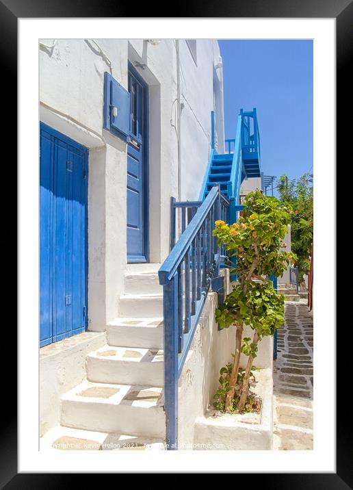 Blue and white house in Mykonos  Framed Mounted Print by Kevin Hellon