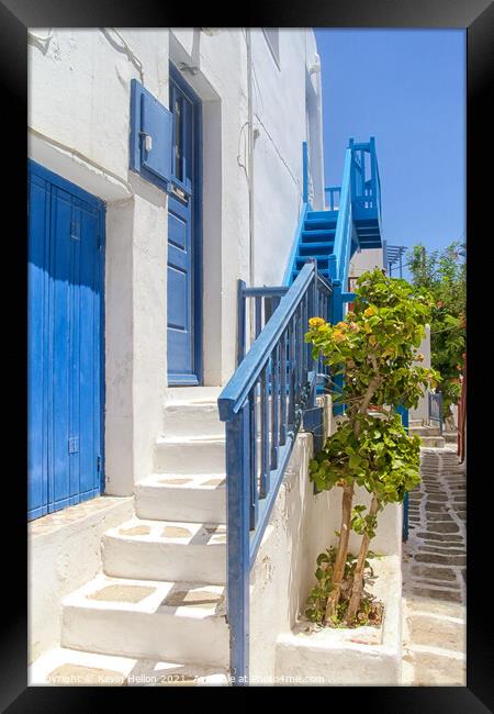 Blue and white house in Mykonos  Framed Print by Kevin Hellon