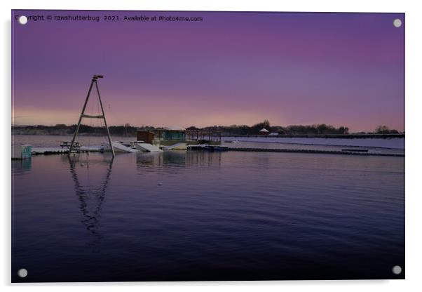 Snowy Chasewater Water-ski Club With A Purple Sunr Acrylic by rawshutterbug 
