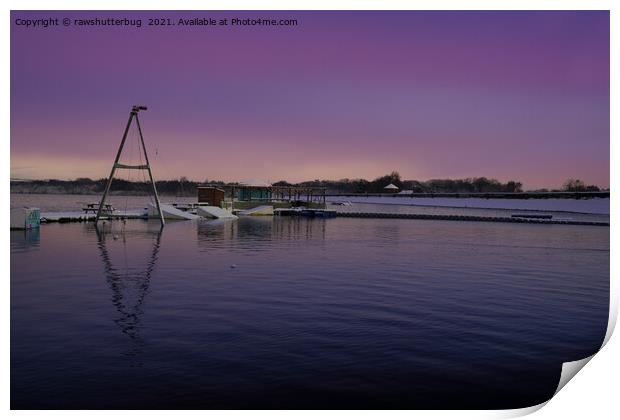Snowy Chasewater Water-ski Club With A Purple Sunr Print by rawshutterbug 