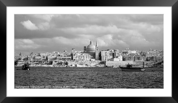 Valletta Skyline Malta Monochrome   Framed Mounted Print by Diana Mower