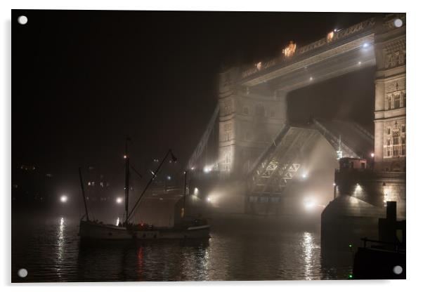  Tower Bridge at night in fog Acrylic by tim miller
