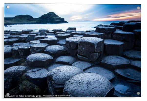 The Basalt Columns At The Giants Causeway At Sunse Acrylic by Peter Greenway