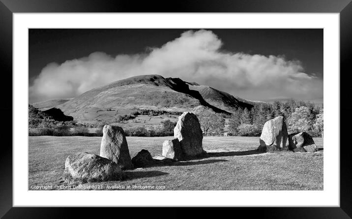 Castlerigg Stone Circle and Blencathra in mono Framed Mounted Print by Chris Drabble